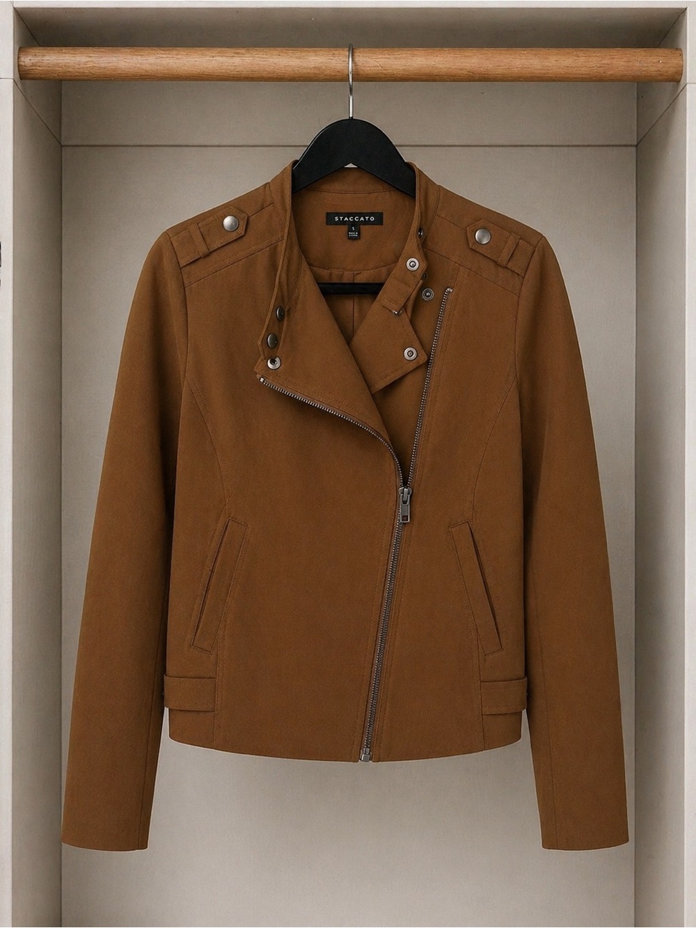 Staccato Brown Moto Jacket Women’s Small Faux Suede Zip Up Cropped